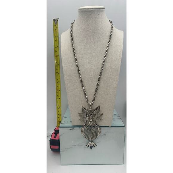Vintage Signed ALAN Silver Tone Articulated Owl Bird Pendant Chain Necklace - Picture 4 of 5